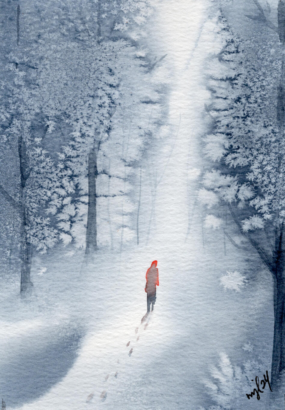 Watercolor 4 x 6 "Walking in the Frosty Woods" $36