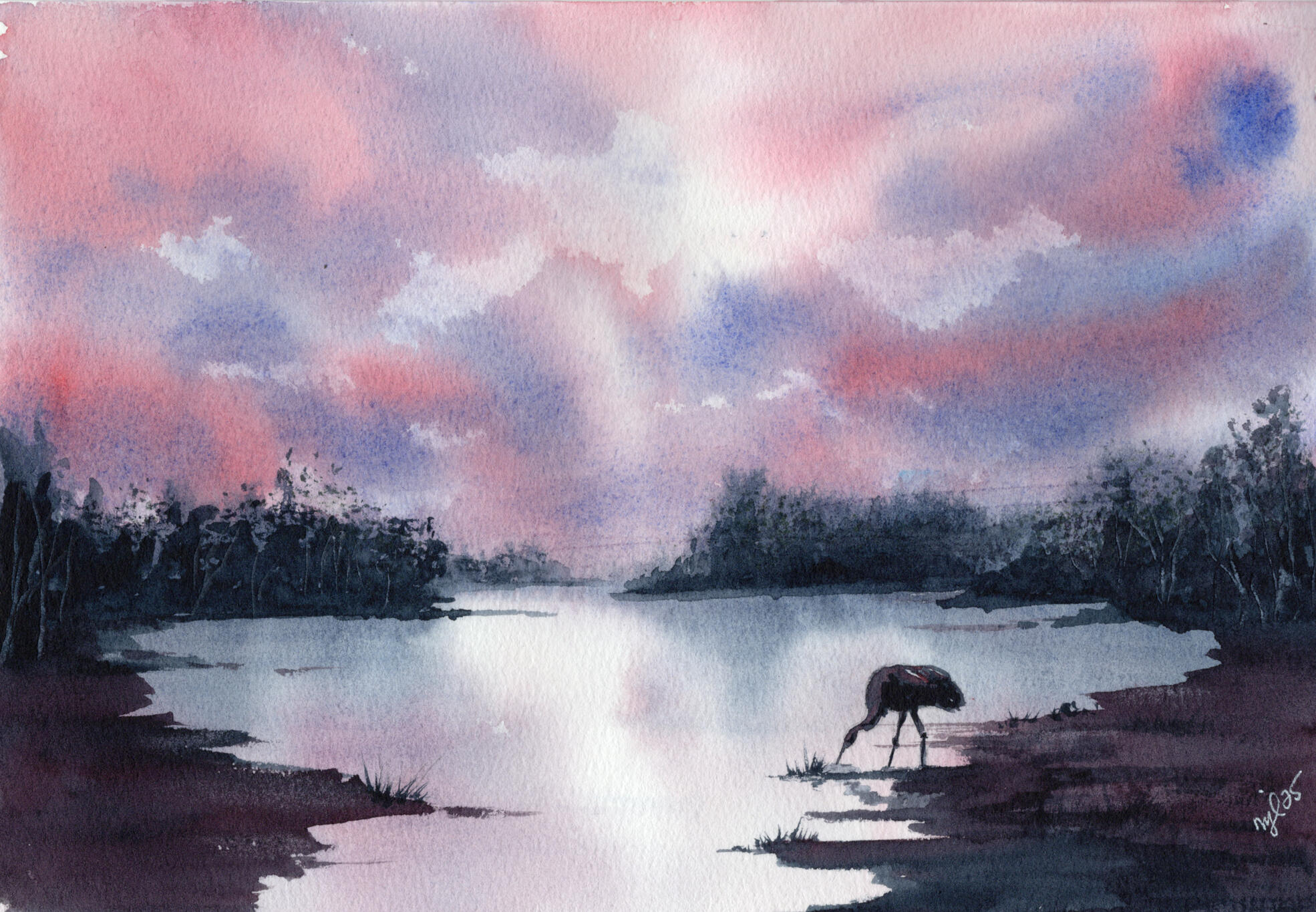 Watercolor 8 x 10 Crane by the Water's Edge" Private Collection