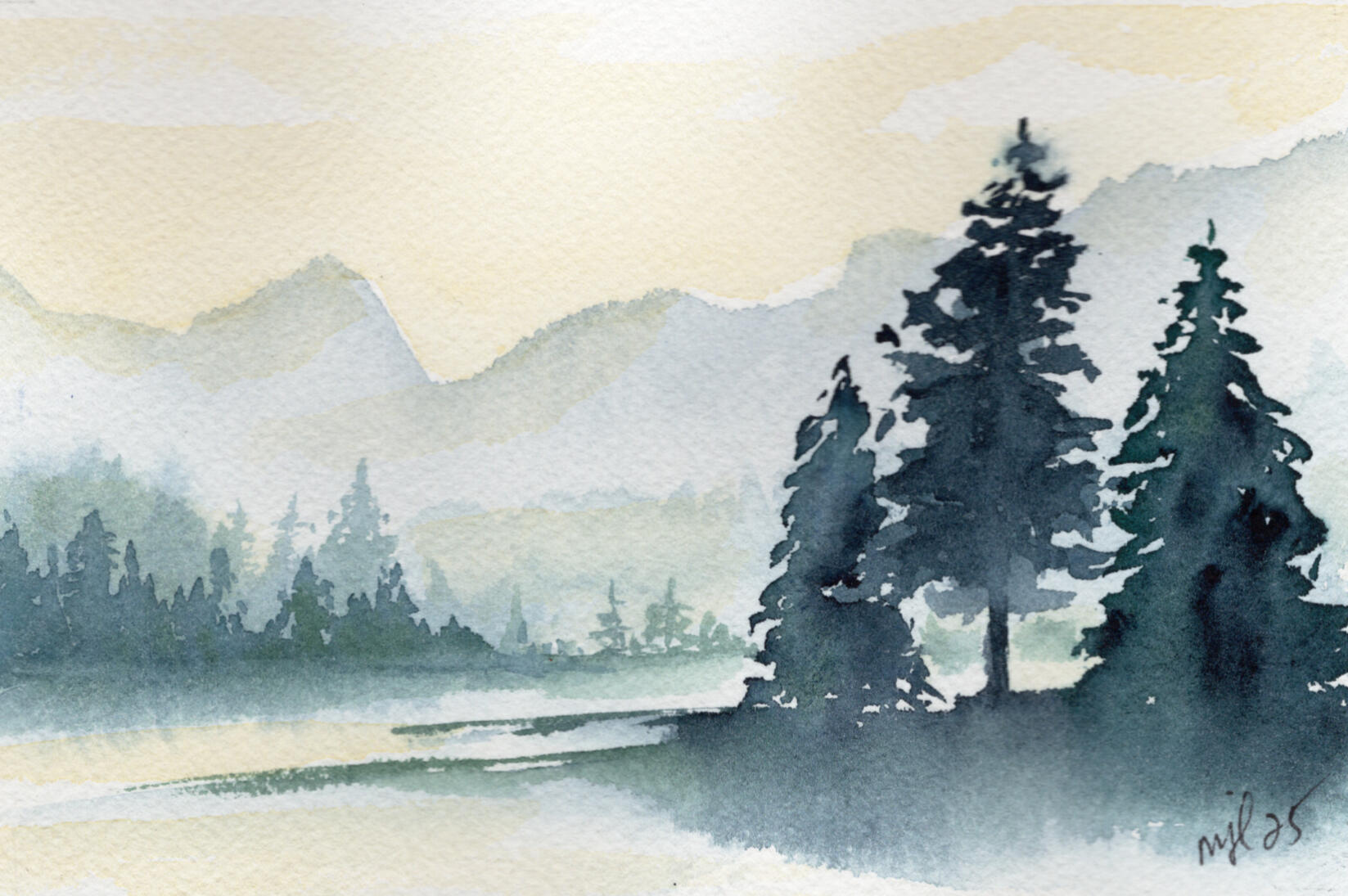 Watercolor 4 x 6 "Glowing Mountains & Pines" $36