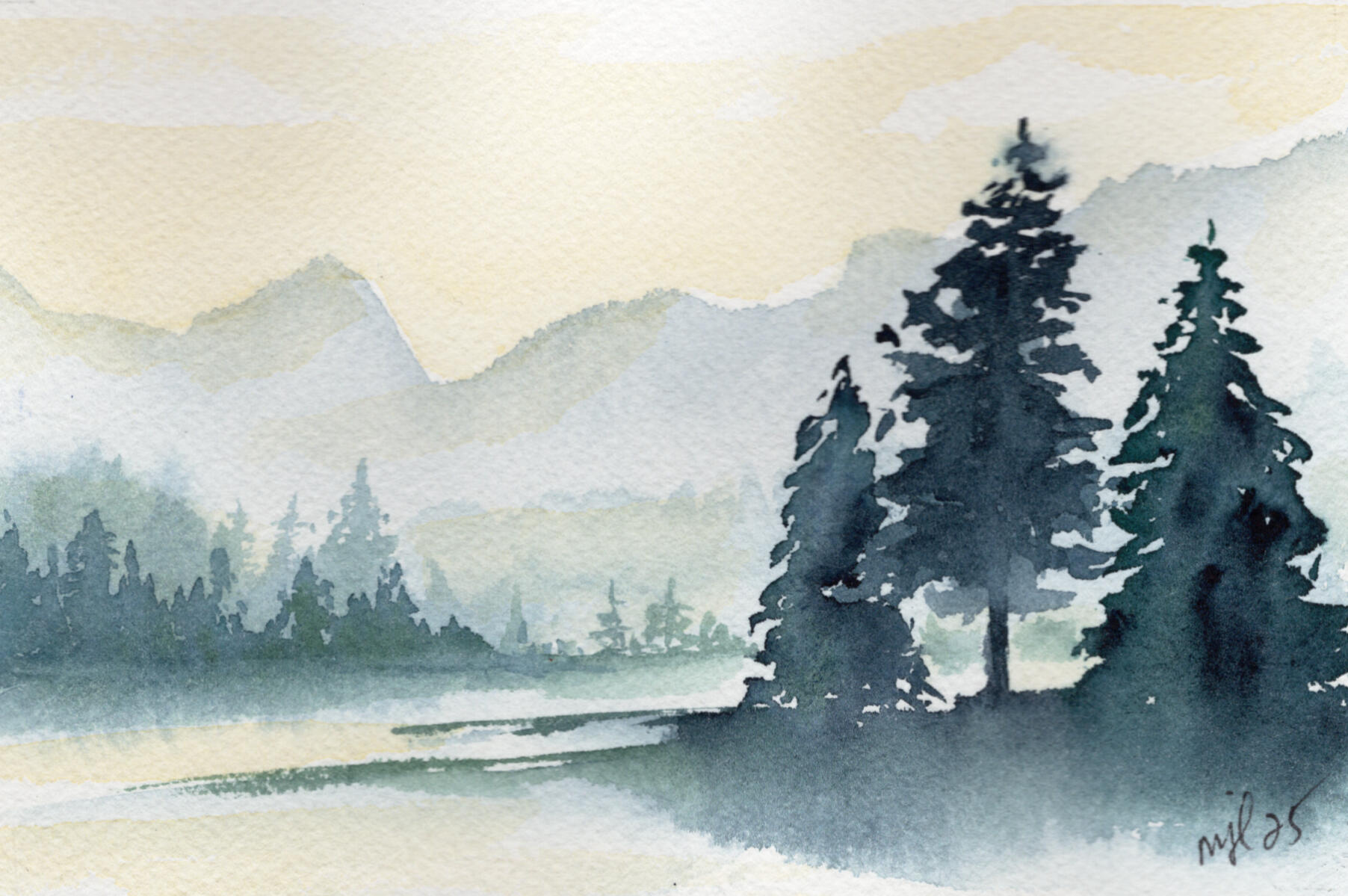 Watercolor 4 x 6 "Glowing Mountains & Pines" $36