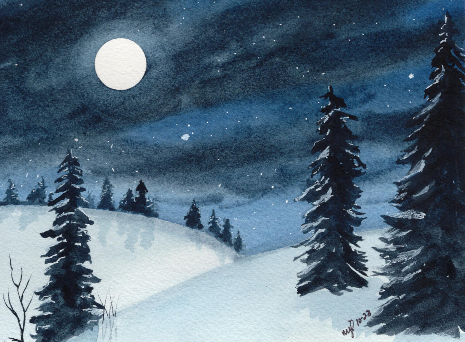 Watercolor 5 x 7 "Pines in the Moonlit Winter" $52