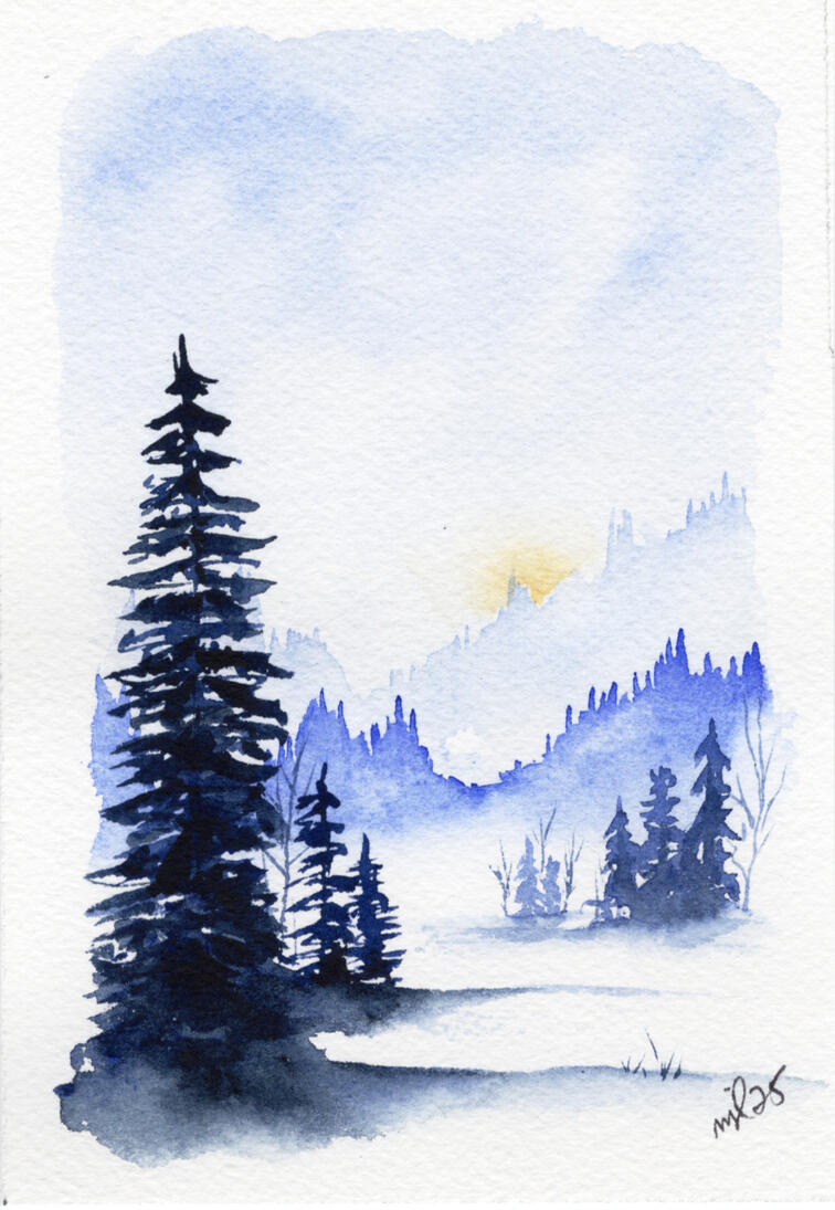 Watercolor 4 x 6 "Foggy Mountain" $36
