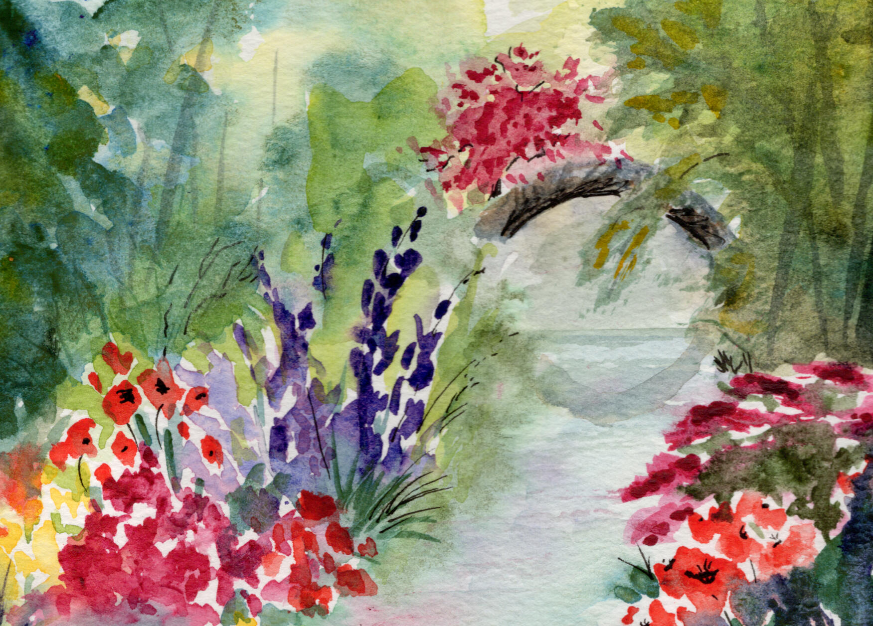 Watercolor 4 x 6 "Florals & the Bridge" $36