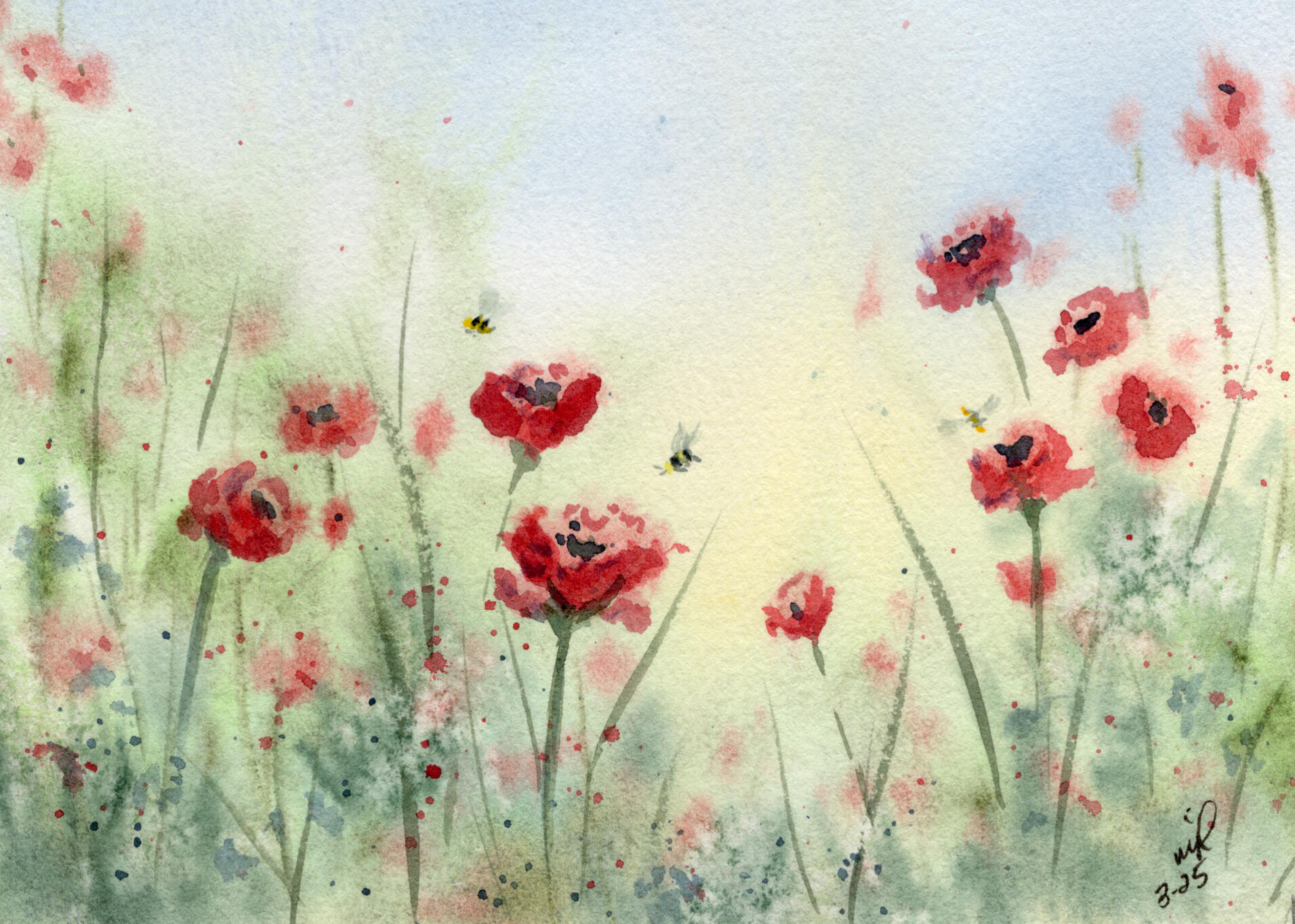 Watercolor 5 x 7 "Poppies and the Bees" $52